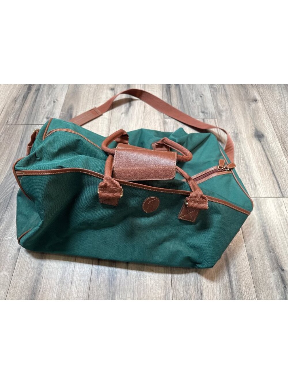 Ralph Lauren 1990's Green & Brown Canvas Duffel Bag Leather Trim And Adjustable